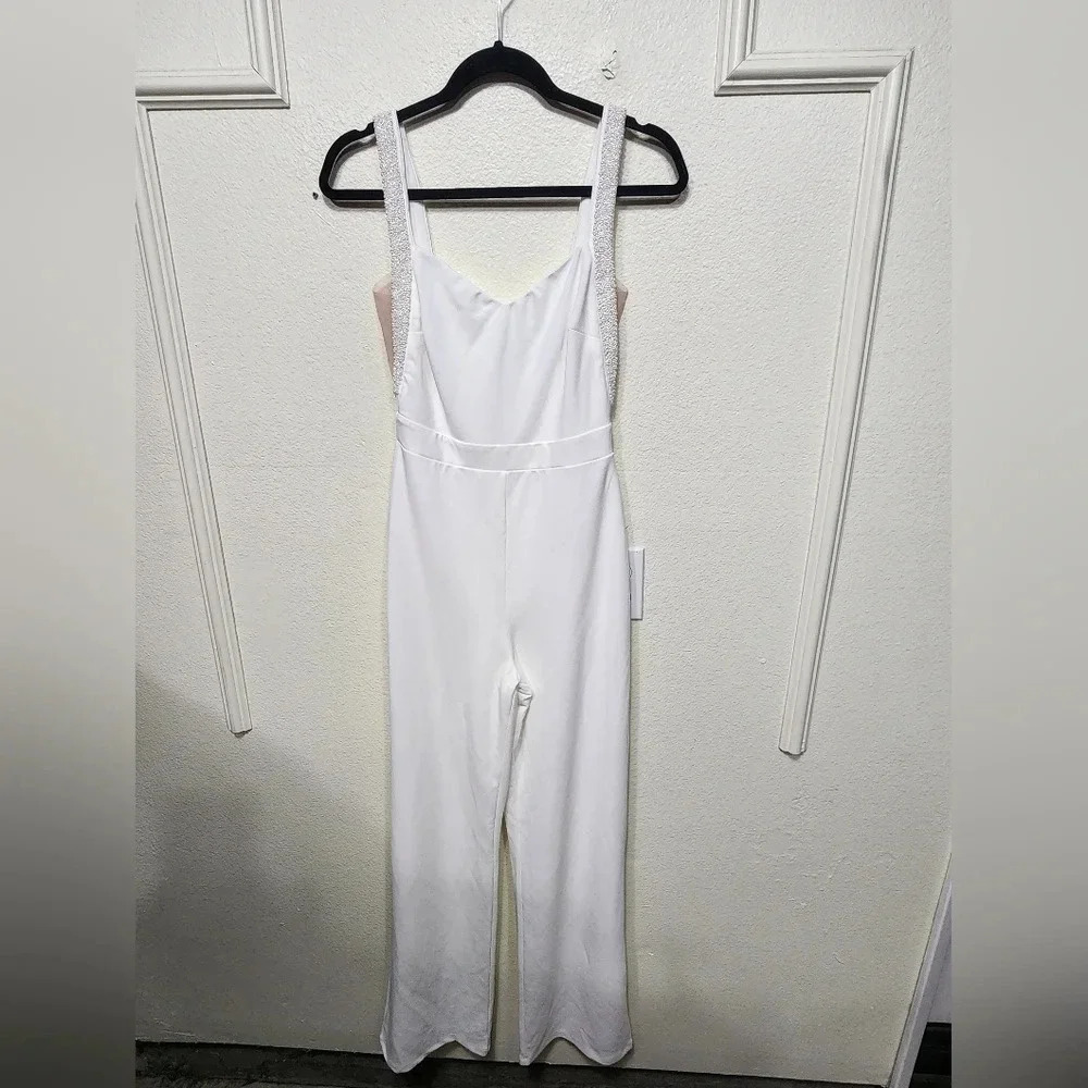Lulu's Love Aglow White Pearl Beaded Sleeveless Straight Leg Jumpsuit S Wedding - Picture 6 of 12